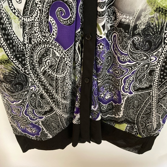 Chico's Black Label, Size 1 , Printed Mesh Cardigan, Woven Top Multi Color - Picture 7 of 13